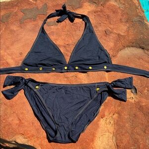 Navy Blue womens bikini. Two-Piece Swim Set Gold Accent yellow stitch details L